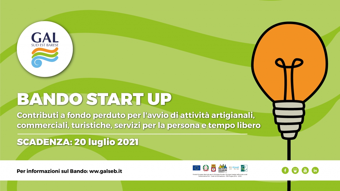 BANDO START UP - 4° AVVISO: PROROGATA AL 20 LUGLIO 2021 LA SCADENZA