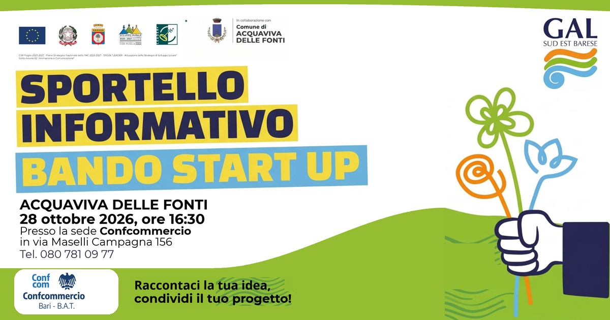 LO SPORTELLO START-UP DEL GAL FA TAPPA ALLA CONFCOMMERCIO DI ACQUAVIVA DELLE FONTI